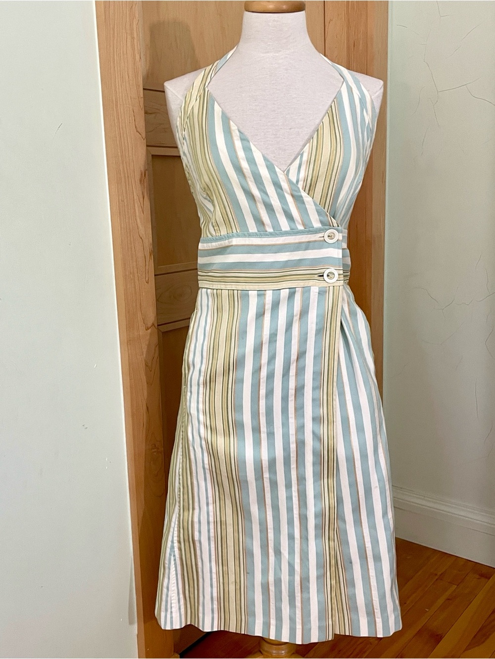 🇪🇸 Vintage ZARA Striped Halter Wrap Midi Dress Light Blue, Cream, Green, Size M